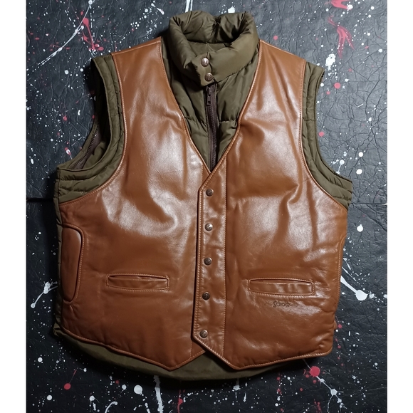Schott NYC vintage 70s distressed leather down puffer hunting jacket / vest RARE - Picture 5 of 15